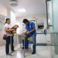 A man and a woman with a dog in her hand standing against each other, having a table in between them in a veterinary clinic.